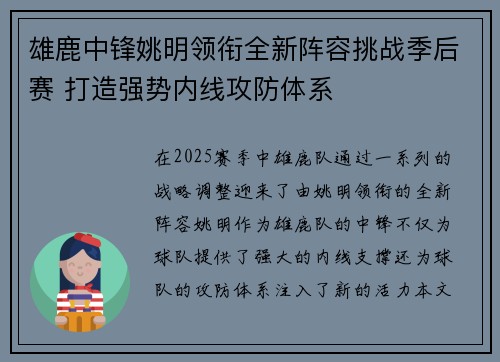 雄鹿中锋姚明领衔全新阵容挑战季后赛 打造强势内线攻防体系