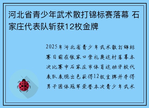 河北省青少年武术散打锦标赛落幕 石家庄代表队斩获12枚金牌